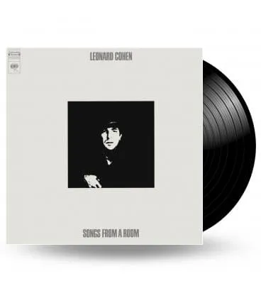 Vinilo de Songs from a Room de Leonard Cohen junto a su portada blanca con la foto del cantante