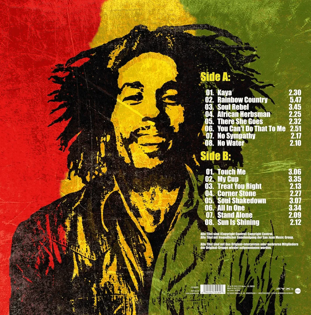 Contraportada del LP The Best of Bob Marley de ZYX con la lista de canciones de sus dos caras