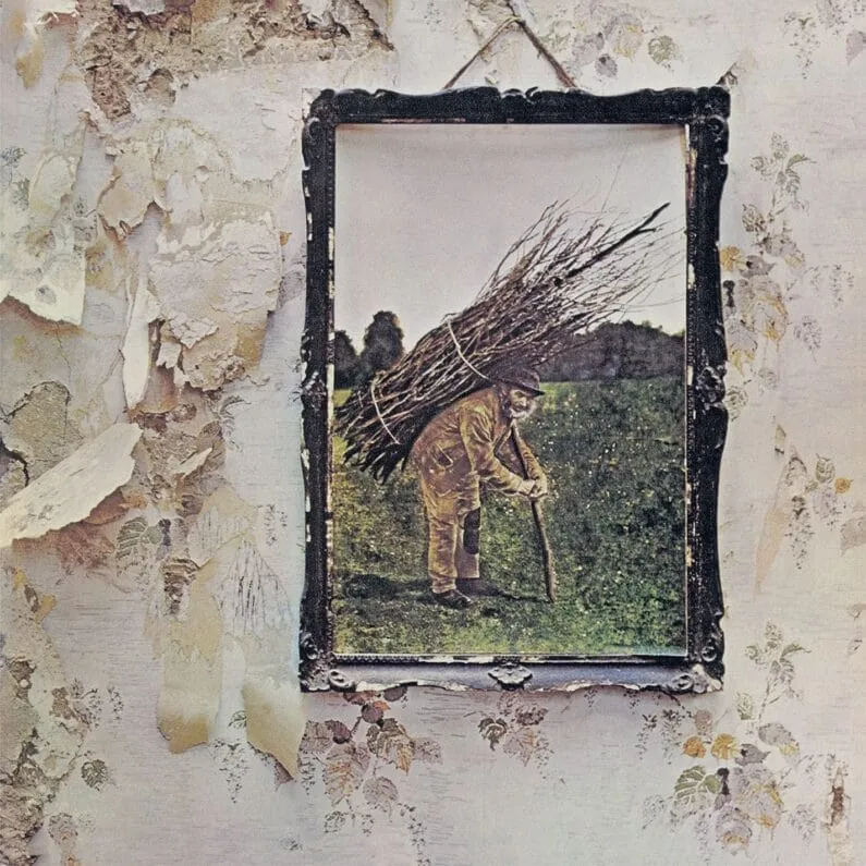 Portada de Led Zeppelin IV con el anciano que carga un haz de ramas