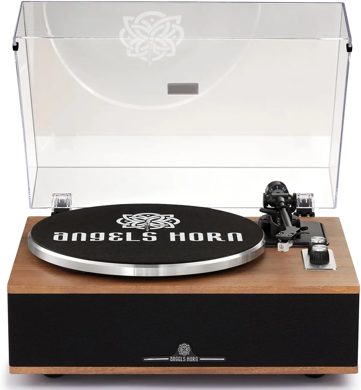 Tocadiscos Angels Horn de madera con plato de aluminio, brazo con contrapeso y tapa antipolvo