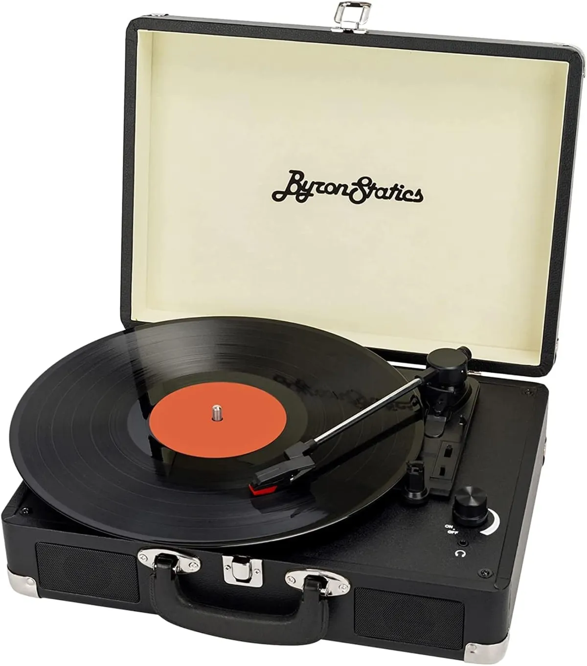 Tocadiscos de maleta ByronStatics en negro con la tapa abierta