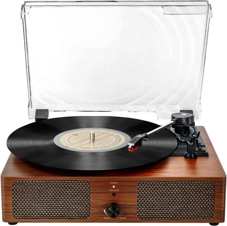 Tocadiscos Mersoco de madera con tapa antipolvo, altavoces frontales y plato de tres velocidades