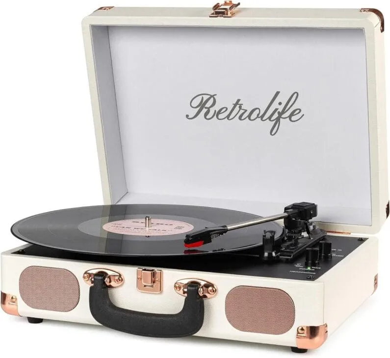 Tocadiscos de maleta Retrolife en piel sintética negra con la tapa abierta