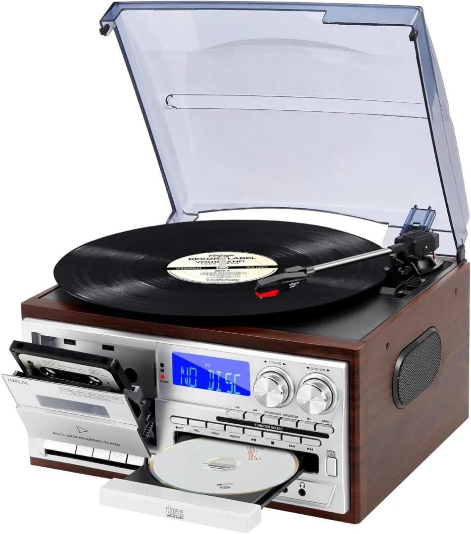 Tocadiscos Jorlai 9 en 1 de madera con plato, lector de CD, pletina de casete y radio