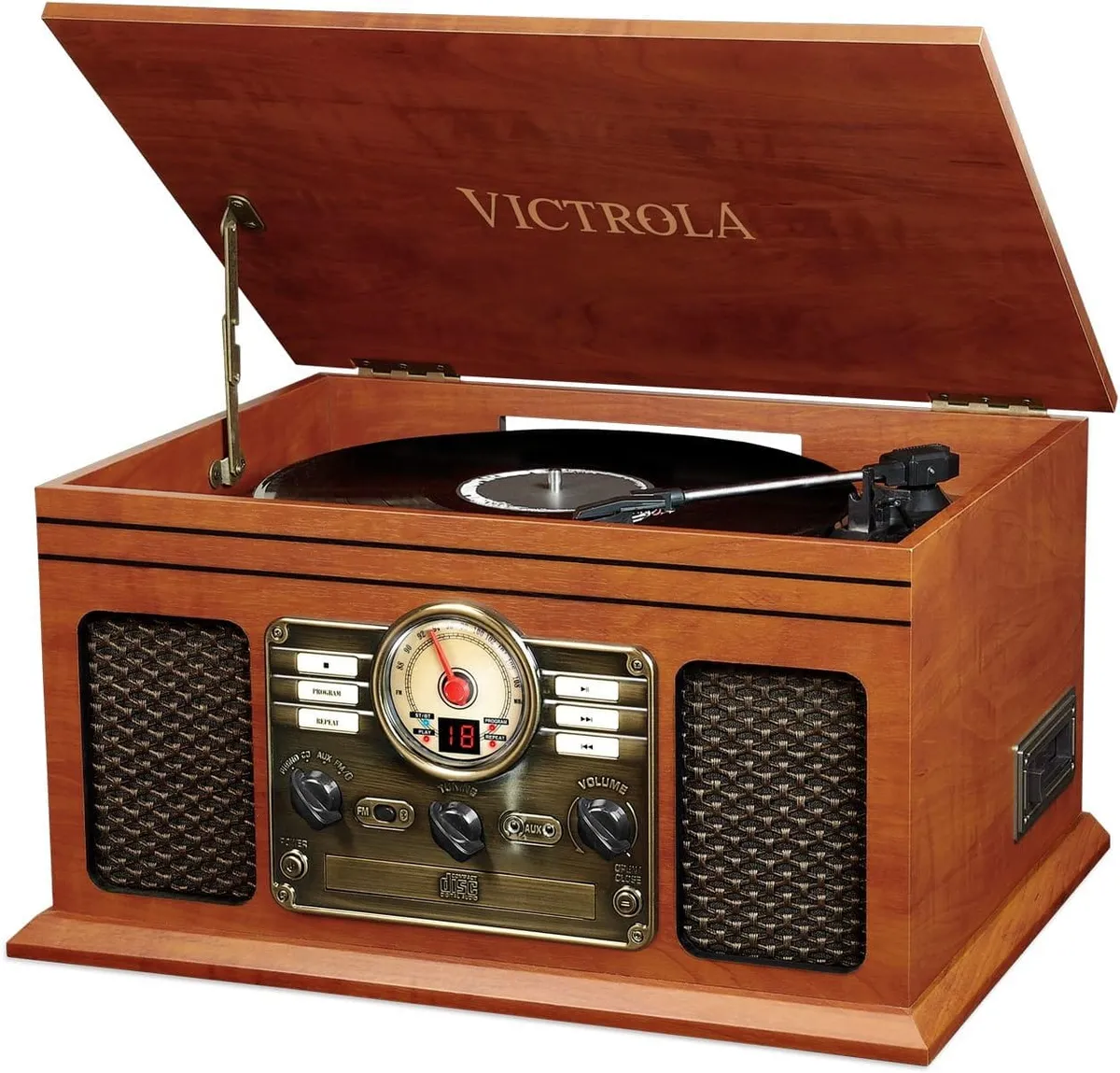 Combinado Victrola 6 en 1 en madera caoba con tocadiscos, CD, casete y dial de radio iluminado