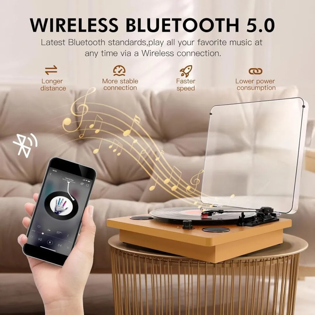 Tocadiscos Viflykoo con la tapa transparente abierta y el brazo en reposo