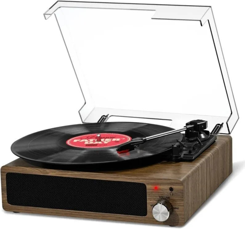 Tocadiscos Fydee de madera con altavoces frontales, brazo con contrapeso y tapa antipolvo