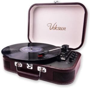 Tocadiscos VOKSUN S300 con diseño de maleta vintage con cuero de PVC de primera calidad